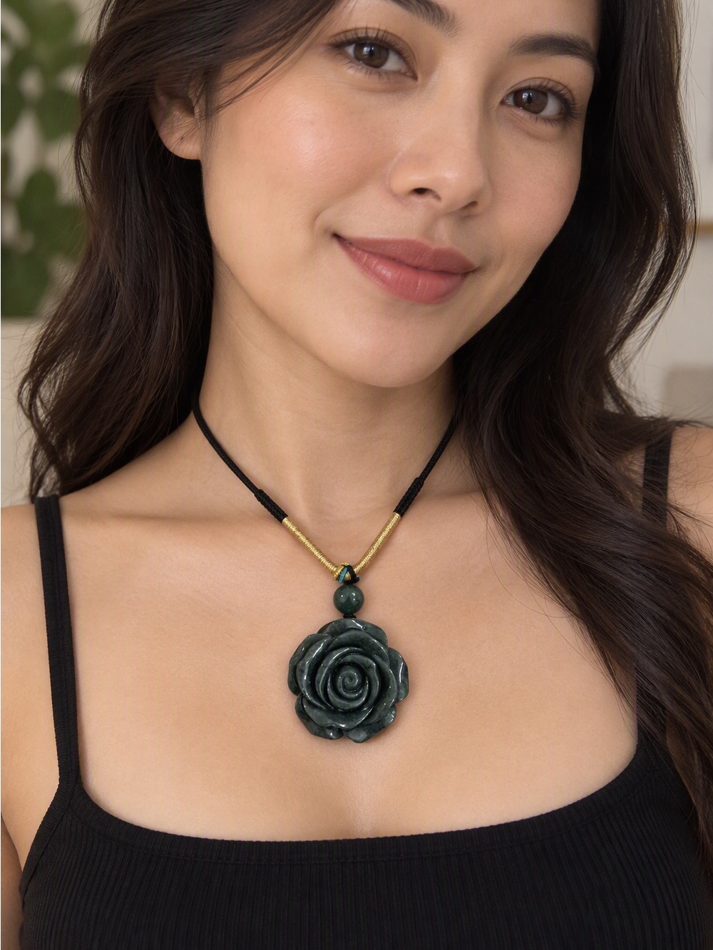 Handcrafted Dark Green Rose 100% Jade Pendant Necklace
